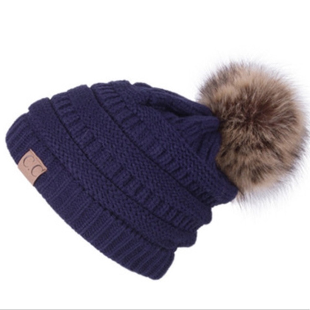 C.C Navy Cable Knit Beanie Faux Fur Pom Pom - Picture 1 of 4